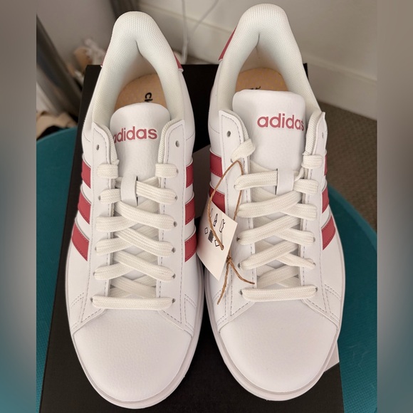 adidas Shoes - adidas White Sneakers with Pink Three-Stripes